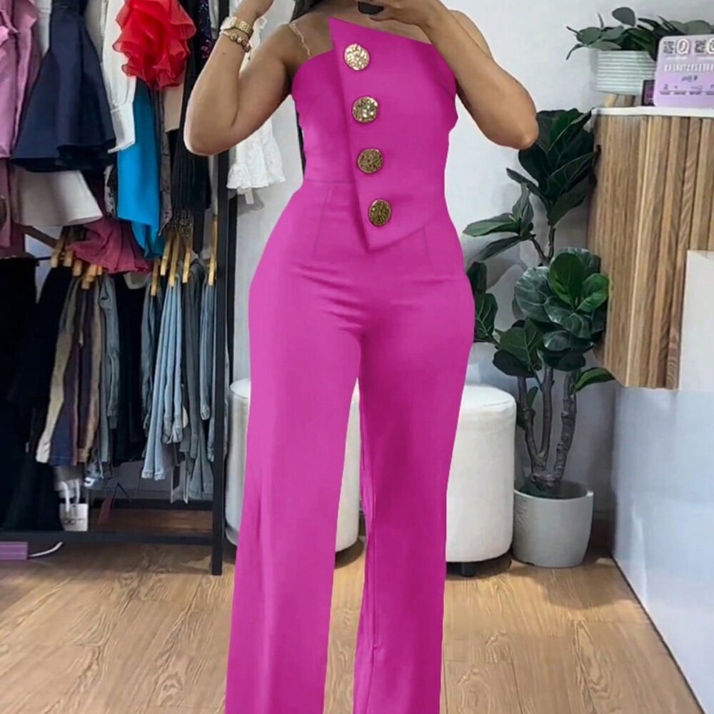 Hot Pink Elegant Women's Asymmetrical Bandeau Jumpsuit - Picture 4 of 4